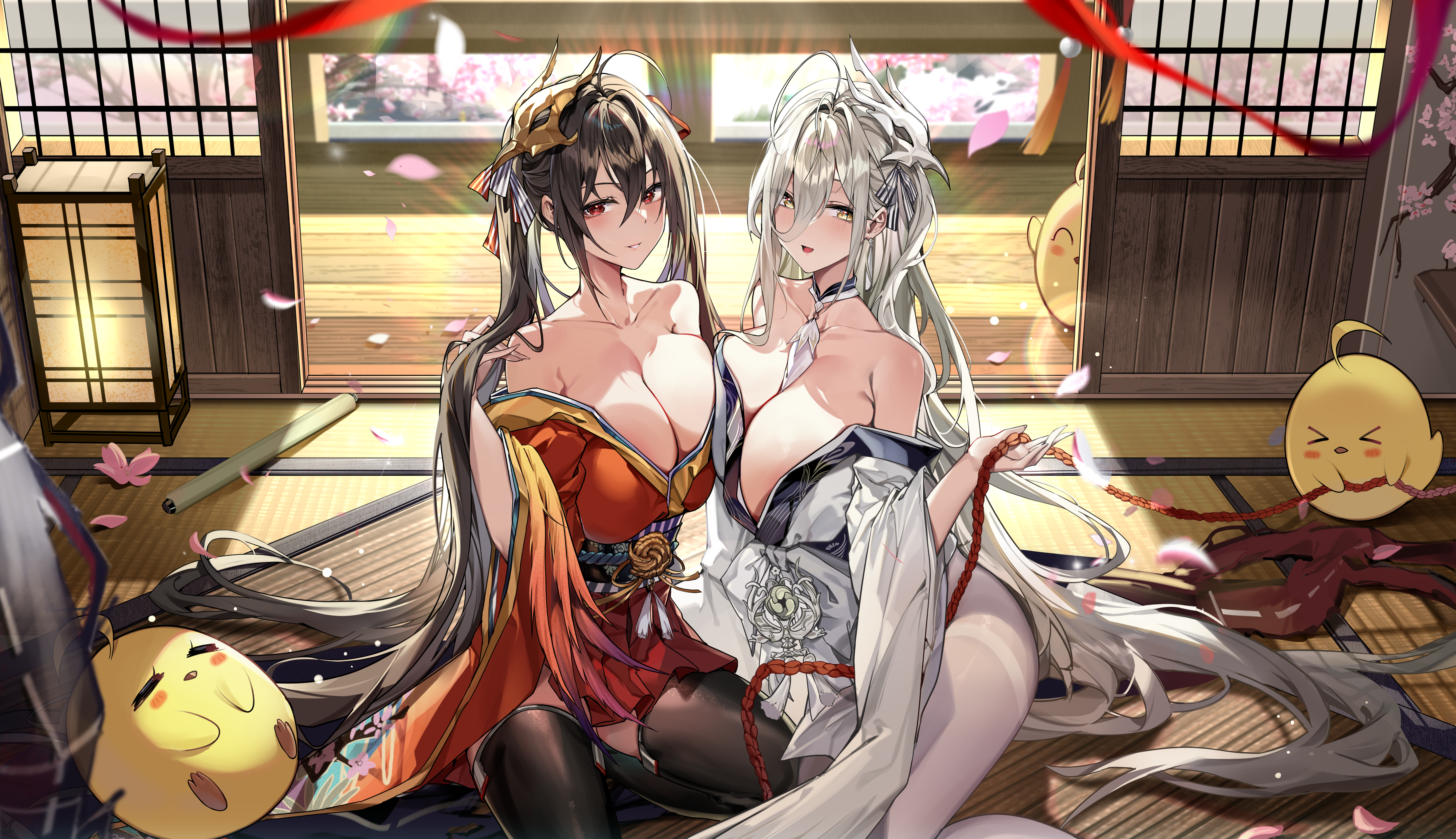 sijinni, hakuhou (azur lane), manjuu (azur lane), taihou (azur lane), azur lane, absurdres, highres, 2girls, bare shoulders, black hair, blush, breasts, cleavage, hair between eyes, huge breasts, japanese clothes, kimono, large breasts, long hair, long hair between eyes, looking at viewer, mask, mask on head, multiple girls, open mouth, pantyhose, red eyes, red kimono, sitting, smile, tatami, very long hair, white hair, white kimono, white pantyhose, yellow eyes