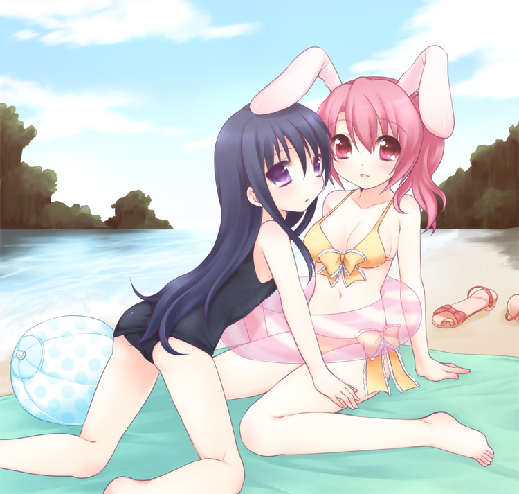 usashiro mani, sakura (mani), original, 2girls, animal ears, ball, barefoot, beachball, bikini, black hair, day, feet, innertube, long hair, multiple girls, one-piece swimsuit, pink eyes, pink hair, polka dot, purple eyes, rabbit ears, sandals, school swimsuit, swim ring, swimsuit, unworn sandals, yellow bikini