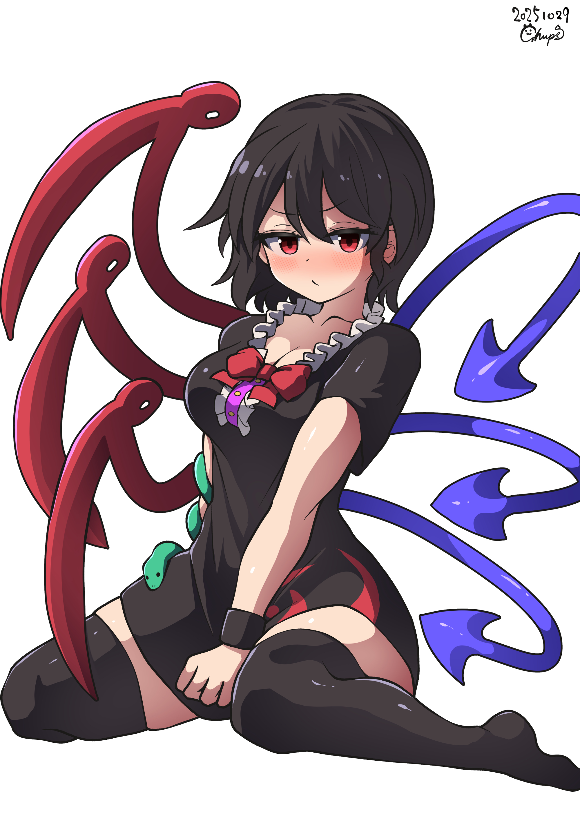 chups, houjuu nue, touhou, absurdres, highres, 1girl, black dress, black hair, blush, breasts, cleavage, dress, red eyes, red ribbon, ribbon, short hair, short sleeves, signature, sitting, solo, thighhighs, white background, wings