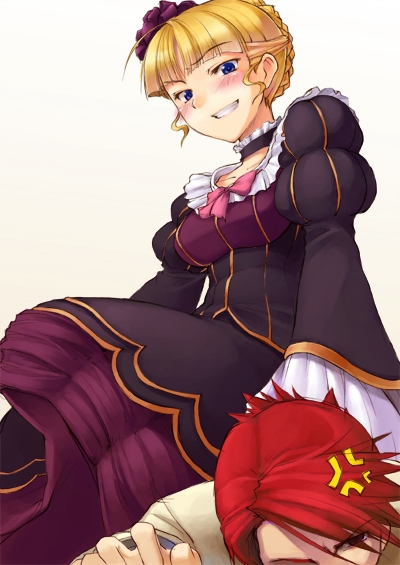 yuzun, beatrice (umineko), ushiromiya battler, umineko no naku koro ni, 00s, 1boy, 1girl, anger vein, annoyed, blonde hair, blue eyes, blush, bow, dress, femdom, grin, human chair, human furniture, pink bow, red hair, sitting, sitting on person, smile
