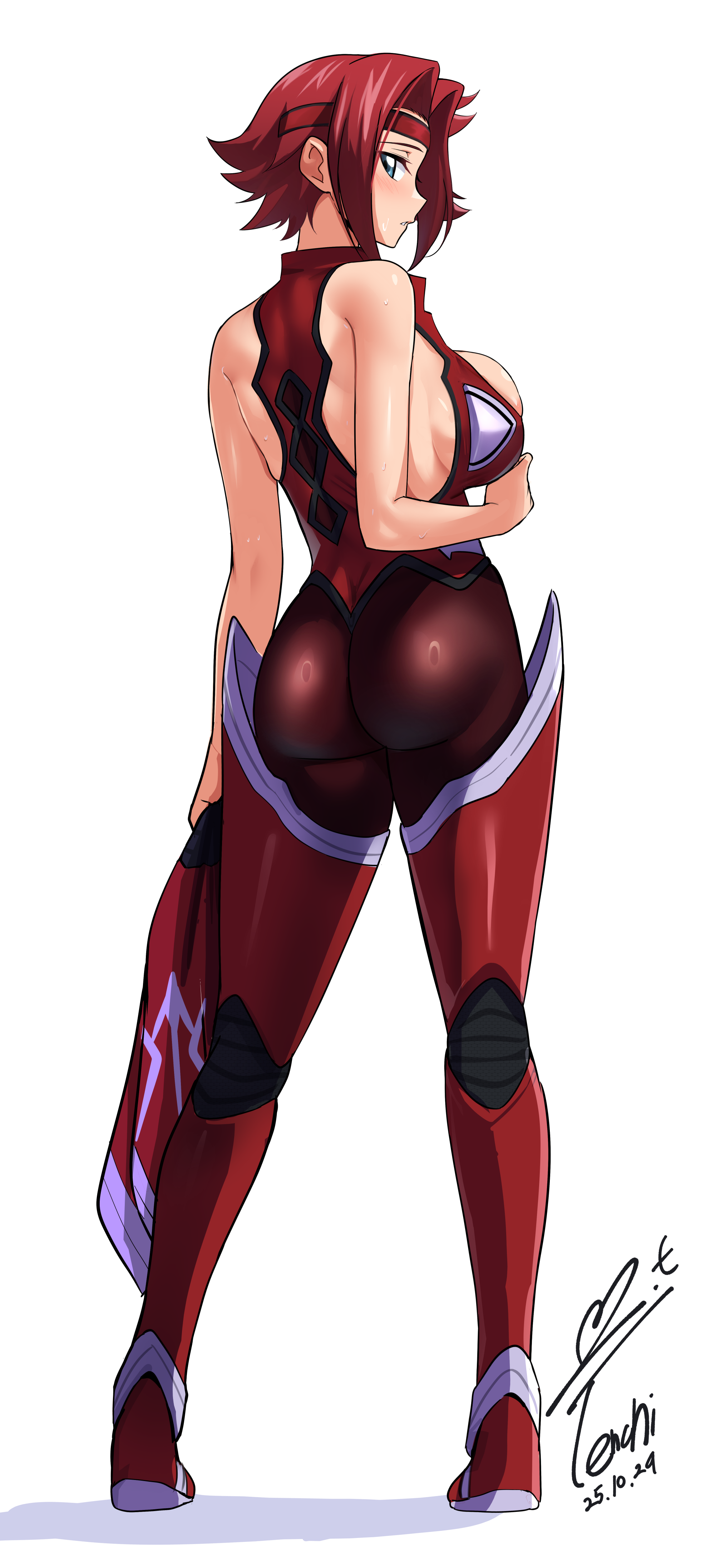 yoo tenchi, kouzuki kallen, code geass, absurdres, commentary request, highres, 1girl, artist name, ass, bare arms, blue eyes, breasts, curtained hair, dated, from behind, full body, hair intakes, headband, large breasts, looking at viewer, mecha pilot suit, red hair, red headband, shiny clothes, short hair, sideboob, sideways glance, signature, simple background, skindentation, solo, standing, sweat, white background