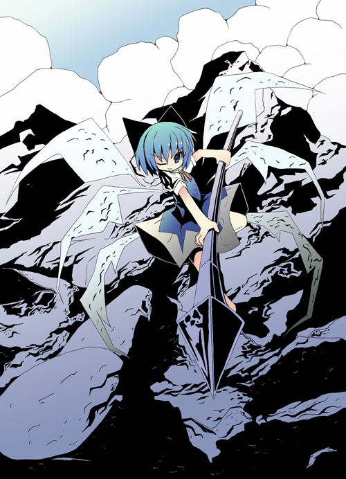 kisugi akira, cirno, embodiment of scarlet devil, touhou, 1girl, blue eyes, blue hair, bow, dress, female focus, grin, hair bow, matching hair/eyes, one eye closed, polearm, short hair, smile, solo, spear, weapon, wings