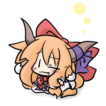 yanagi (nurikoboshi), ibuki suika, touhou, lowres, 1girl, animal ears, blush, chibi, dog-suika, dog ears, fang, female focus, hair ribbon, horns, one eye closed, orange hair, ribbon, simple background, solo, white background, wink, | |