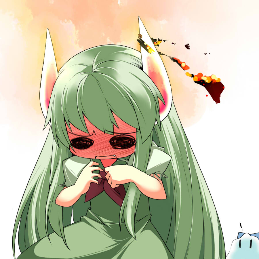 beihan, kokka han, cirno, ex-keine, kamishirasawa keine, touhou, !, 1girl, blush, burning, chibi, fang, green hair, horns, solo focus, | |