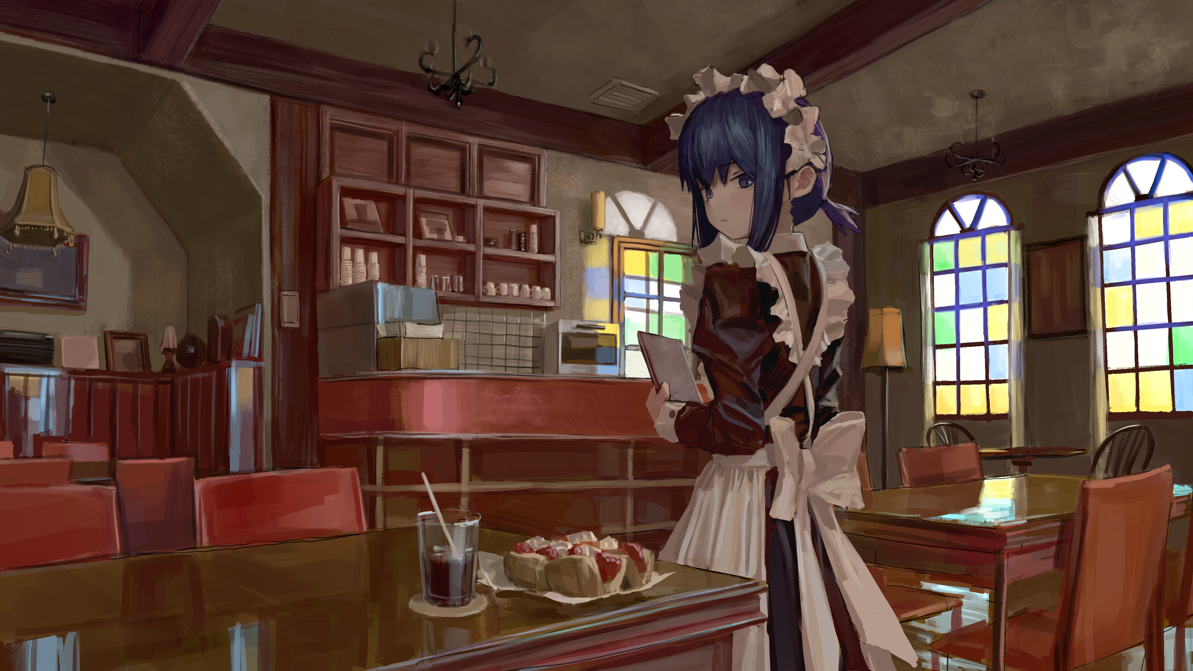 an yb, original, absurdres, highres, 1girl, apron, back bow, black dress, blue eyes, blue hair, bow, cafe, cake, chair, chandelier, closed mouth, counter, cup, dress, drinking glass, drinking straw, food, frilled apron, frills, from behind, holding, holding notepad, indoors, juliet sleeves, lamp, long dress, long sleeves, looking at viewer, looking back, maid, maid apron, maid headdress, notepad, picture frame, ponytail, puffy sleeves, short hair, short ponytail, solo, table, white apron, white bow, white headdress, window, window shadow