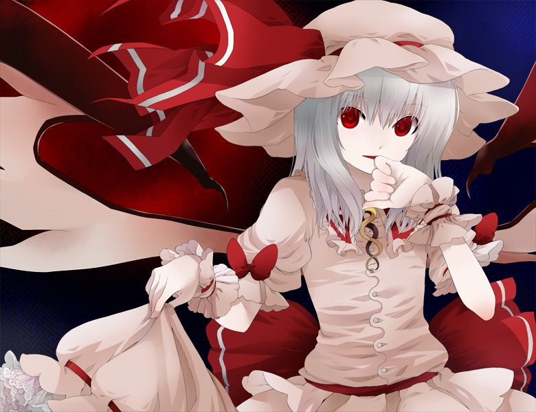 kintaro, remilia scarlet, touhou, silver hair, bad id, bad pixiv id, 1girl, bat wings, female focus, gradient background, hat, red eyes, solo, wings, wrist cuffs