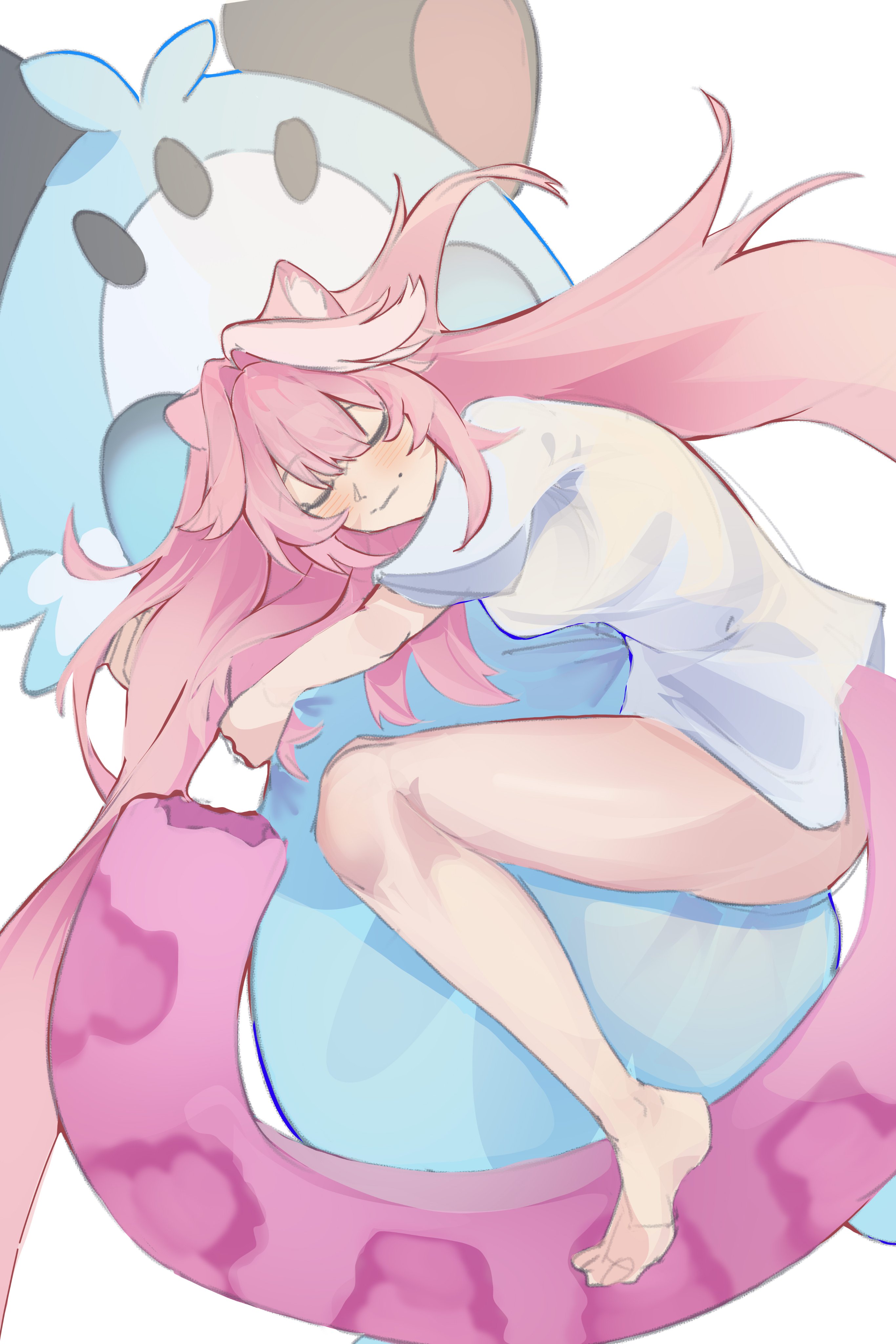 raora panthera, hololive, hololive english, absurdres, commentary, english commentary, highres, 1girl, animal ears, blush, breasts, character doll, closed eyes, closed mouth, doll, hair intakes, hug, long hair, multicolored hair, naked shirt, panther ears, panther girl, panther tail, pink hair, pink tail, qjinator, shirt, short sleeves, simple background, sleeping, smile, solo, streaked hair, stuffed toy, tail, thighs, virtual youtuber, white background, white shirt