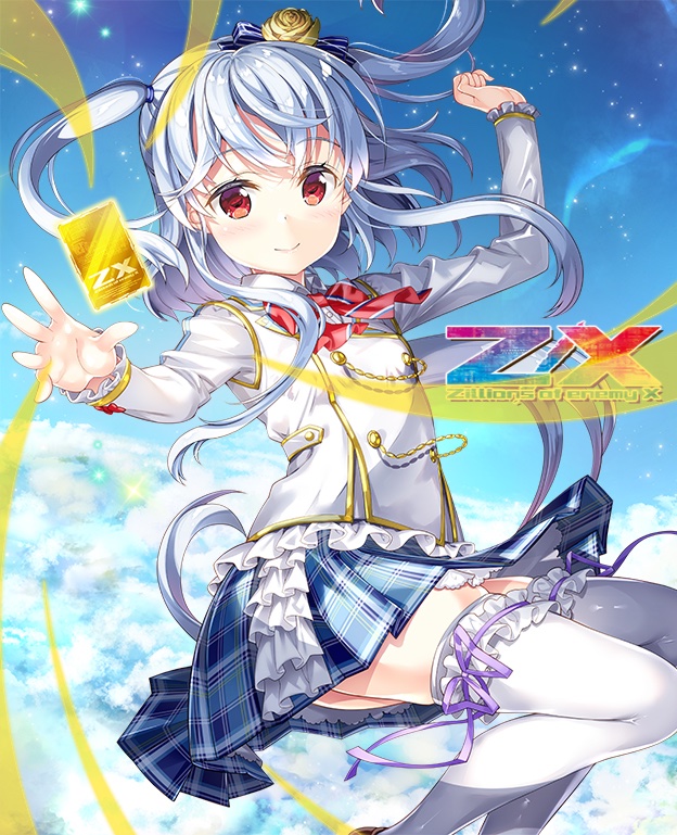 fujima takuya, kagamihara azumi, z/x, official art, 1girl, blue hair, blue skirt, bow, bowtie, closed mouth, copyright logo, copyright name, copyright notice, floating hair, flower, gold trim, hair flower, hair ornament, jacket, logo, long hair, looking at viewer, plaid clothes, plaid skirt, red bow, red bowtie, red eyes, shirt, skirt, solo, thighhighs, trading card, two side up, white jacket, white shirt, white thighhighs