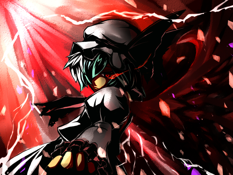 nahu, remilia scarlet, touhou, bad id, bad pixiv id, 1girl, blue hair, female focus, glowing, glowing eyes, gradient background, hat, red eyes, short hair, solo, wings