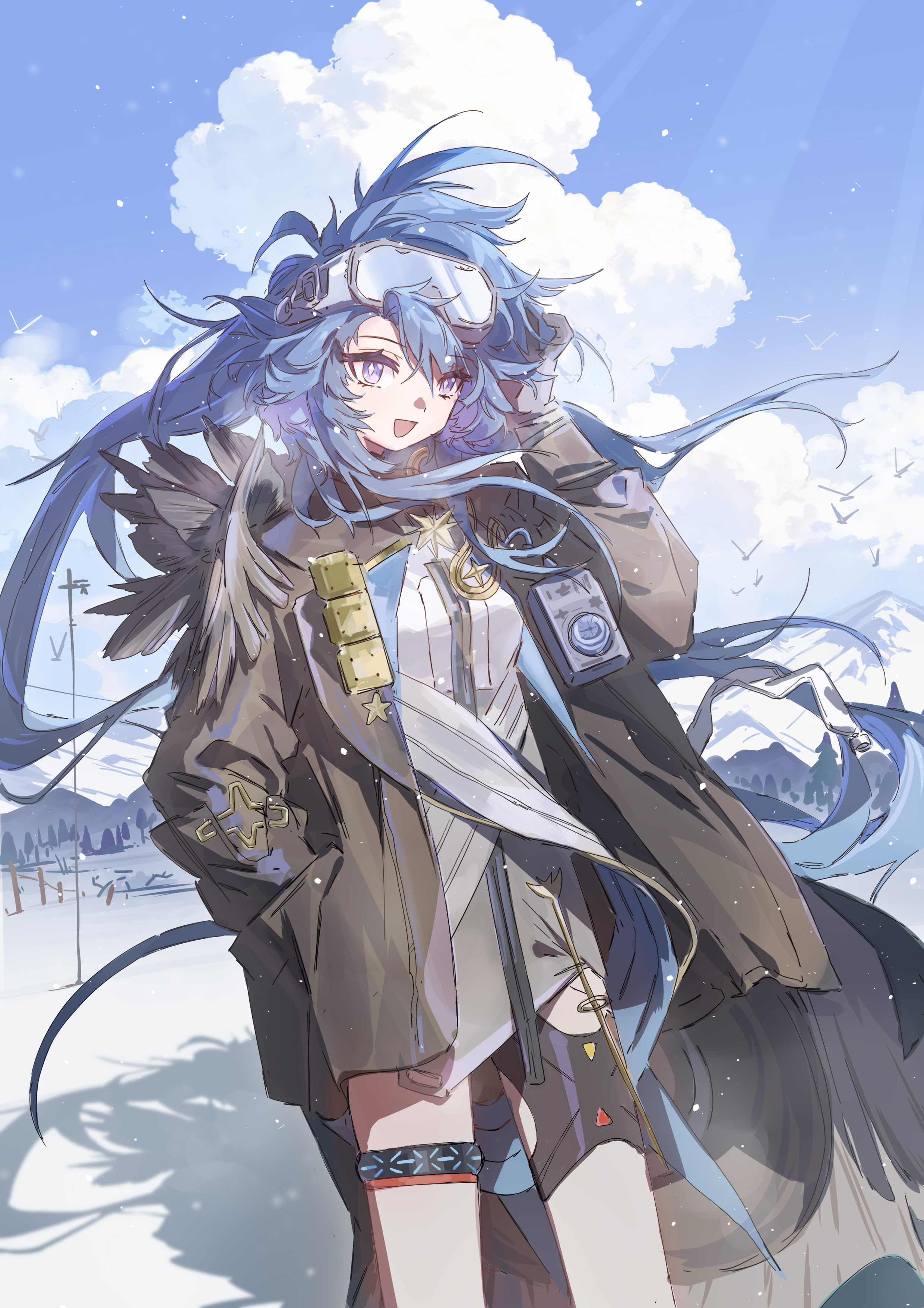 sao7, astgenne (arknights), infection monitor (arknights), arknights, absurdres, highres, 1girl, bird, blue eyes, blue hair, bright pupils, cloud, coat, dress, feather trim, gloves, goggles, goggles on head, hand in pocket, jewelry, layered dress, long hair, mountain, ponytail, snow, solo, star (symbol), thigh strap, thighlet, white dress, white pupils
