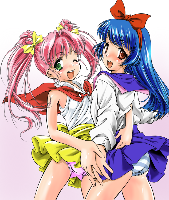 tanaka youko, yamamori saki, idol tenshi youkoso youko, 00s, 1990s (style), 2girls, multiple girls, panties, retro artstyle, school uniform, serafuku, striped clothes, striped panties, underwear