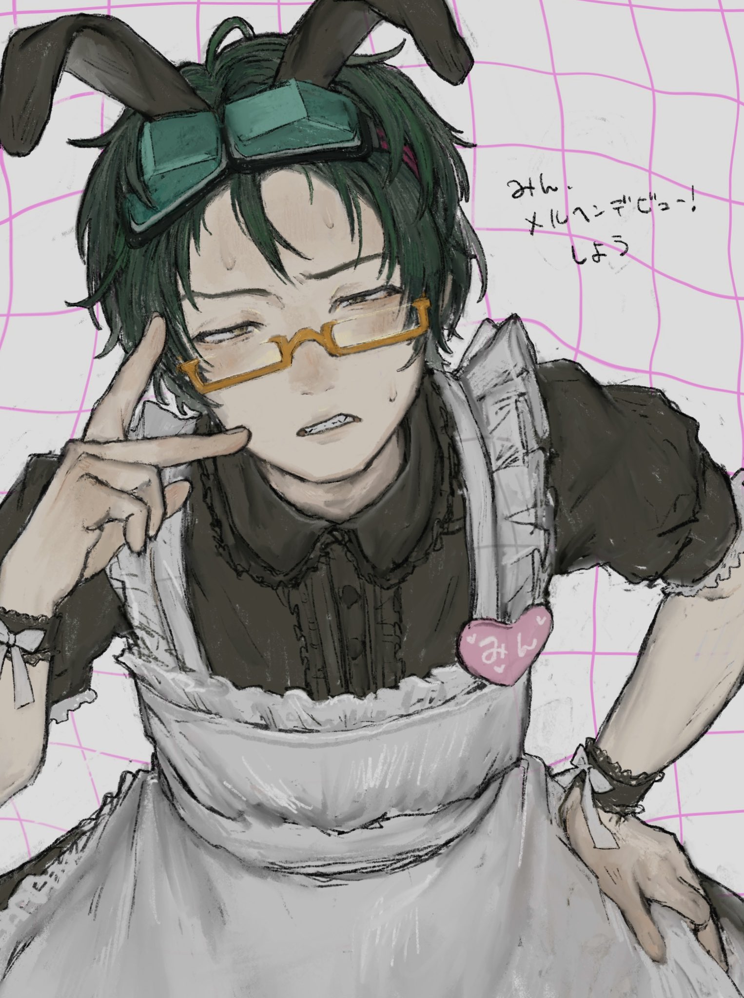 sha-ming, gnosia, highres, 0ml3c, 1boy, animal ears, apron, bow, brooch, buttons, collared shirt, crossdressing, crossdressing (mtf), fake animal ears, fang, frills, glasses, goggles, goggles on head, green hair, half-closed eyes, heart, heart brooch, jewelry, lace-trimmed sleeves, lace-trimmed wrist cuffs, lace trim, maid, maid apron, male focus, open mouth, rabbit ears, ribbon, semi-rimless eyewear, shirt, short sleeves, solo, sweat, teeth, v, white bow, wrist cuffs, yellow eyes