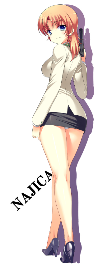 aida takanobu, hiiragi najica, najica dengeki sakusen, 00s, 1girl, blue eyes, female focus, gun, high heels, kneepits, legs, miniskirt, orange hair, panties, pantyshot, pencil skirt, shoes, skirt, solo, underwear, upskirt, weapon, white panties