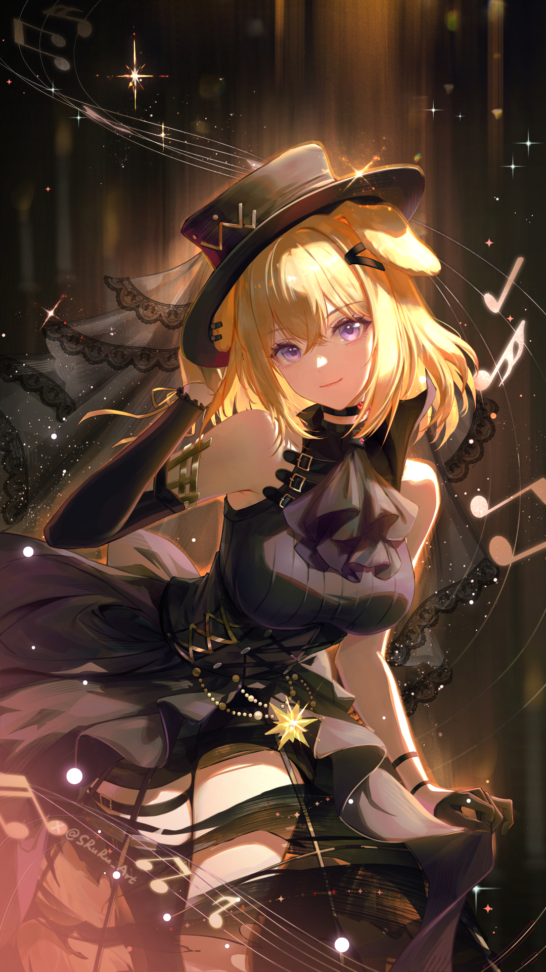 liu liaoliao, misumi uika, bang dream!, bang dream! it's mygo!!!!!, highres, 1girl, animal ears, bare shoulders, black choker, black dress, black gloves, black hat, blonde hair, blush, breasts, choker, detached sleeves, dog ears, dress, gloves, hair ornament, hairclip, hat, large breasts, looking at viewer, purple eyes, single glove, single thighhigh, smile, solo, thigh strap, thighhighs