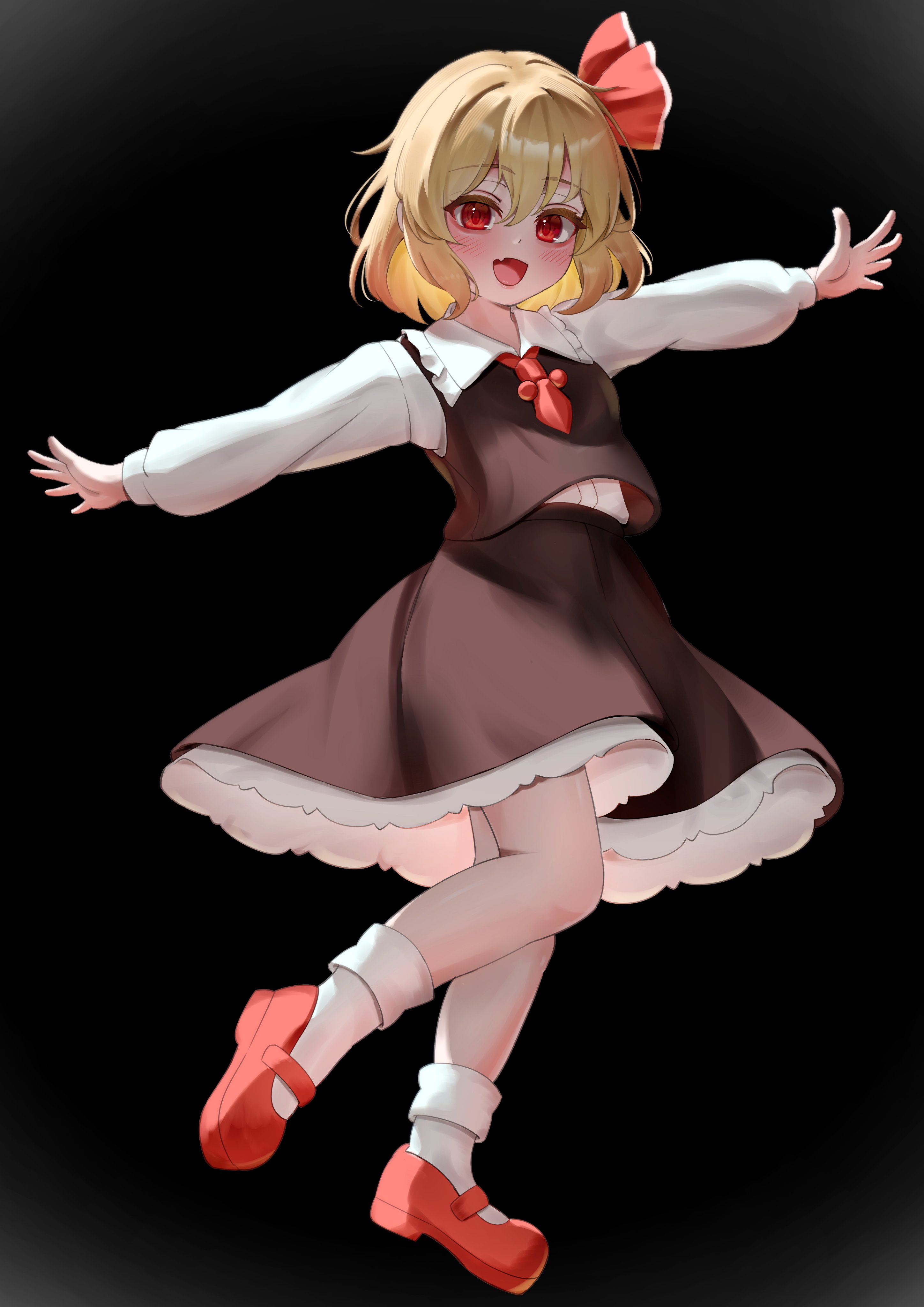 soo kazahana, rumia, touhou, absurdres, highres, 1girl, :d, ascot, black skirt, black vest, blonde hair, bow, dark background, fang, full body, hair bow, light blush, long sleeves, looking at viewer, open mouth, outstretched arms, red ascot, red bow, red shoes, shirt, shoes, short hair, skin fang, skirt, smile, solo, vest, white shirt
