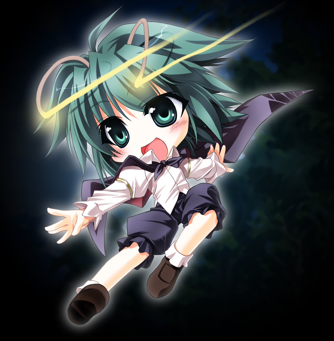 umekichi, wriggle nightbug, touhou, bad id, bad pixiv id, 1girl, antennae, cape, chibi, female focus, full body, gradient background, green eyes, green hair, kicking, matching hair/eyes, open mouth, short hair, solo