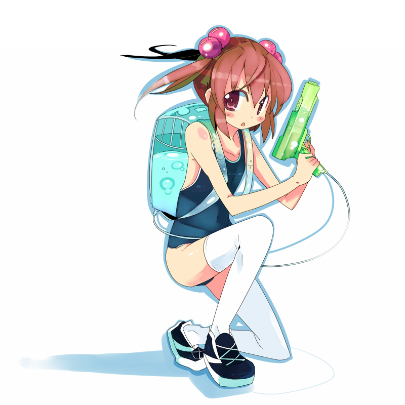 kanikama, original, backpack, bag, brown eyes, brown hair, flat chest, hair bobbles, hair ornament, one-piece swimsuit, randoseru, school swimsuit, solo, swimsuit, thighhighs, twintails, water gun, white thighhighs