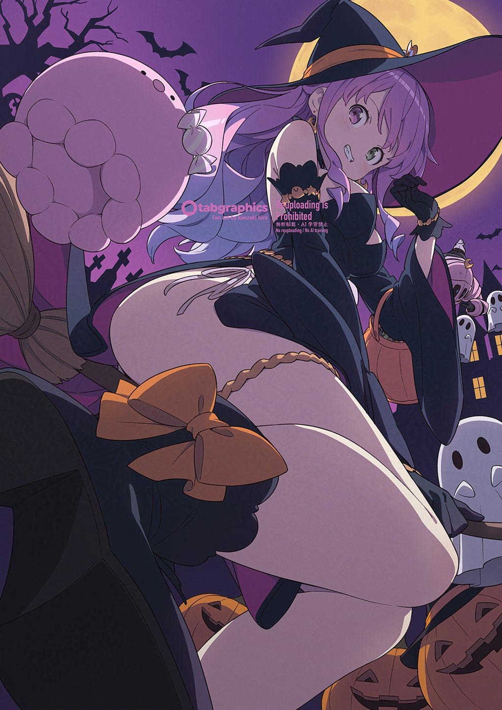 kanzaki hiro, himemori luna, luknight (himemori luna), hololive, commentary, highres, symbol-only commentary, 1girl, :d, bare shoulders, bare tree, black boots, black dress, black gloves, boots, bracelet, broom, broom riding, detached sleeves, dress, ghost, gloves, gradient hair, green eyes, grin, halloween, hand up, hat, heterochromia, jack-o'-lantern, jewelry, long hair, long sleeves, looking at viewer, moon, multicolored hair, night, official artist extra, open mouth, outdoors, panties, panty straps, pink hair, pink hat, pink sleeves, purple eyes, purple hair, short dress, side-tie panties, side slit, sleeveless, sleeveless dress, smile, solo, strapless, strapless dress, thighlet, tree, two-sided fabric, two-sided headwear, two-sided sleeves, underwear, virtual youtuber, watermark, wavy hair, wide sleeves, witch, witch hat