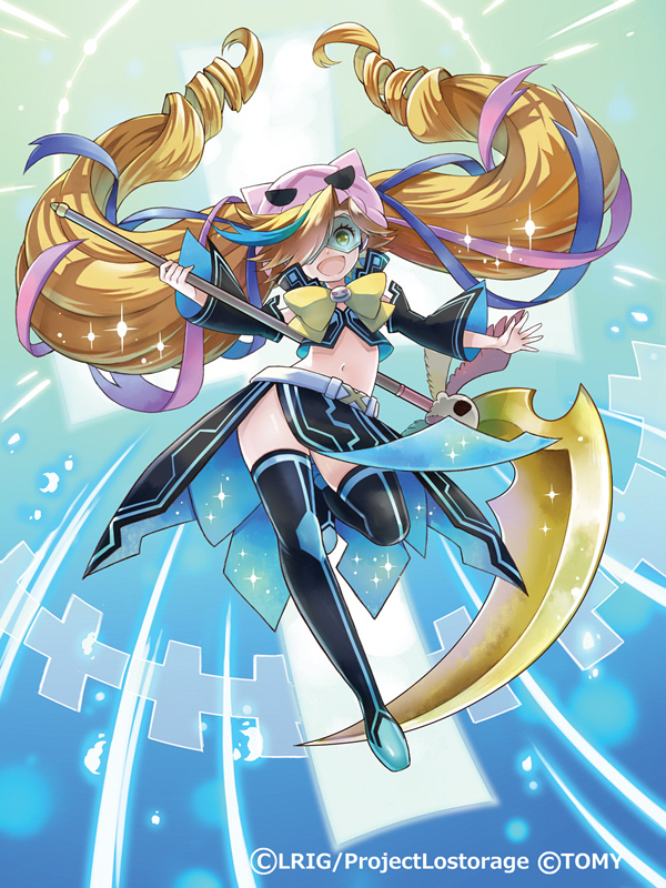 ren-co, eldora (wixoss), wixoss, official art, 1girl, black shoes, black skirt, black thighhighs, black tube top, blonde hair, blue hair, blue ribbon, copyright notice, drill hair, hair over one eye, hair ribbon, holding, holding scythe, long hair, looking at viewer, multicolored hair, pink ribbon, ribbon, scythe, shoes, skirt, smile, solo, strapless, streaked hair, thighhighs, tube top, twin drills, very long hair, yellow eyes