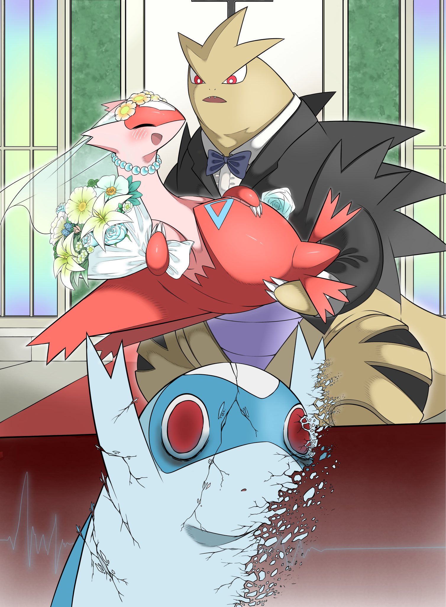 watashihae, latias, latios, tyranitar, nintendo, pokemon, highres, :o, ^ ^, alternate color, animal focus, black jacket, blue bow, blue bowtie, blue flower, blue rose, blush, bottomless, bouquet, bow, bowtie, bridal veil, bride, bright pupils, cardiogram, carrying, claws, closed eyes, collared shirt, corsage, couple, cracked skin, dilated pupils, dissolving, empty eyes, fangs, flatlining, flower, full body, gen 2 pokemon, gen 3 pokemon, green flower, groom, hand on own stomach, happy, holding, holding bouquet, indoors, jacket, jewelry, legendary pokemon, long sleeves, looking afar, looking at another, necklace, no humans, open mouth, orange flower, pearl necklace, pokemon (creature), princess carry, red eyes, rose, see-through clothes, see-through veil, shiny pokemon, shirt, sideways mouth, smile, standing, traditional bowtie, veil, wedding, white pupils, white shirt