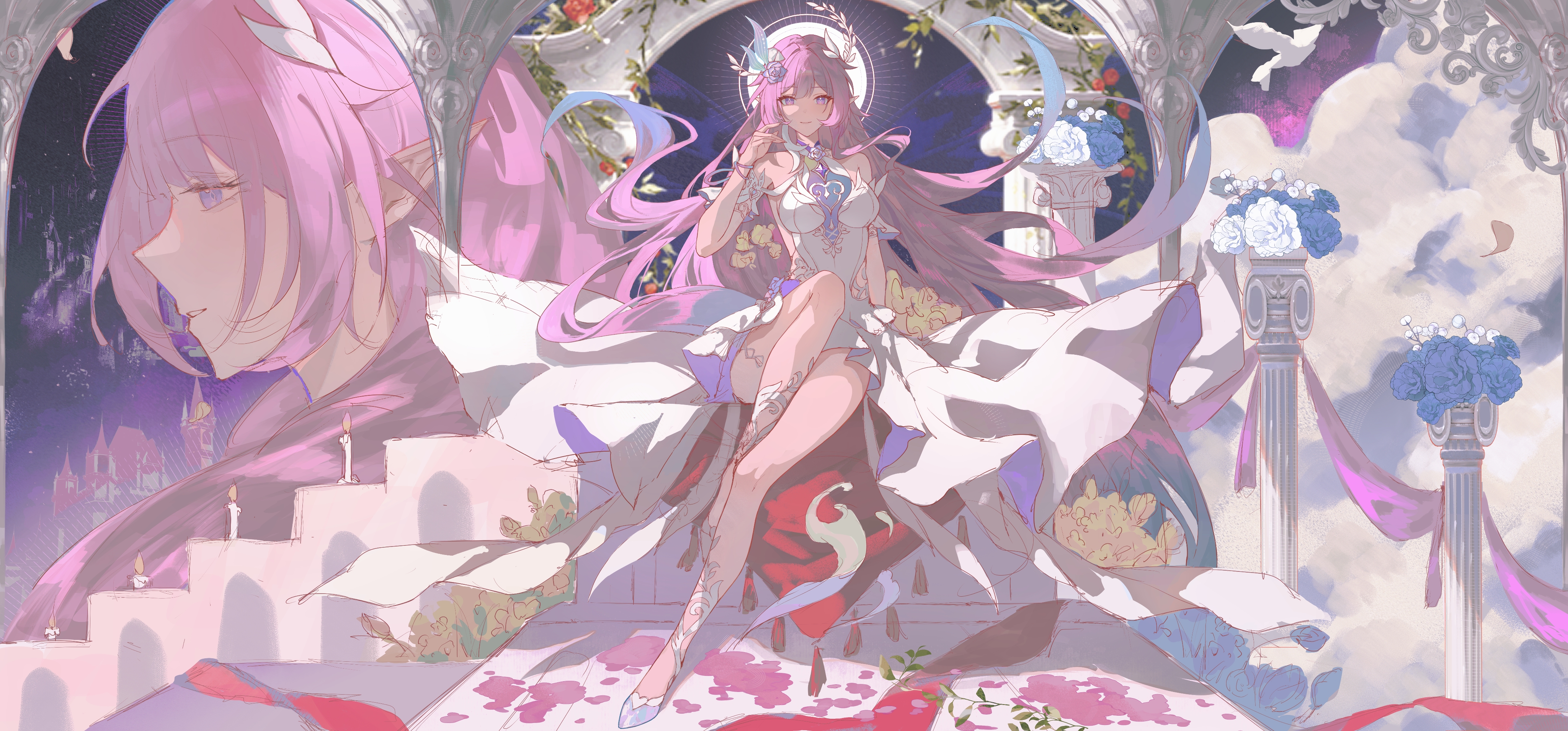 qiuqiuku, cyrene (honkai: star rail), cyrene (ripples of past reverie) (honkai: star rail), honkai: star rail, honkai (series), absurdres, highres, 1girl, blue hair, breasts, diamond-shaped pupils, diamond (shape), dress, flower, full moon, hair flower, hair ornament, halo, high heels, long hair, medium breasts, moon, multicolored hair, multiple views, night, night sky, pink hair, purple eyes, sitting, sky, stone pillar, symbol-shaped pupils, thighs, two-tone hair, very long hair, white dress