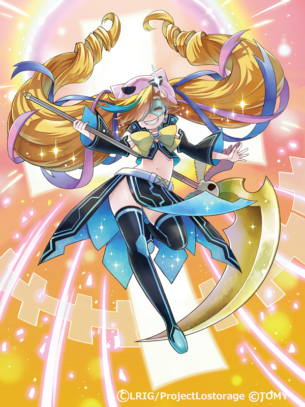 ren-co, eldora (wixoss), wixoss, official art, 1girl, black shoes, black skirt, black thighhighs, black tube top, blonde hair, blue hair, blue ribbon, closed eyes, closed mouth, copyright notice, drill hair, hair over one eye, hair ribbon, holding, holding scythe, long hair, looking at viewer, multicolored hair, pink ribbon, ribbon, scythe, shoes, skirt, smile, solo, strapless, streaked hair, thighhighs, tube top, twin drills, very long hair