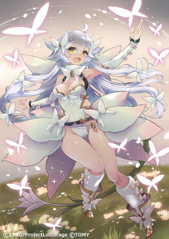 ren-co, wixoss, official art, 1girl, ahoge, arm up, breasts, bug, butterfly, butterfly hair ornament, cleavage, copyright notice, flower, hair ornament, insect, leotard, looking at viewer, medium breasts, outdoors, sidelocks, smile, solo, white hair, white leotard, yellow eyes