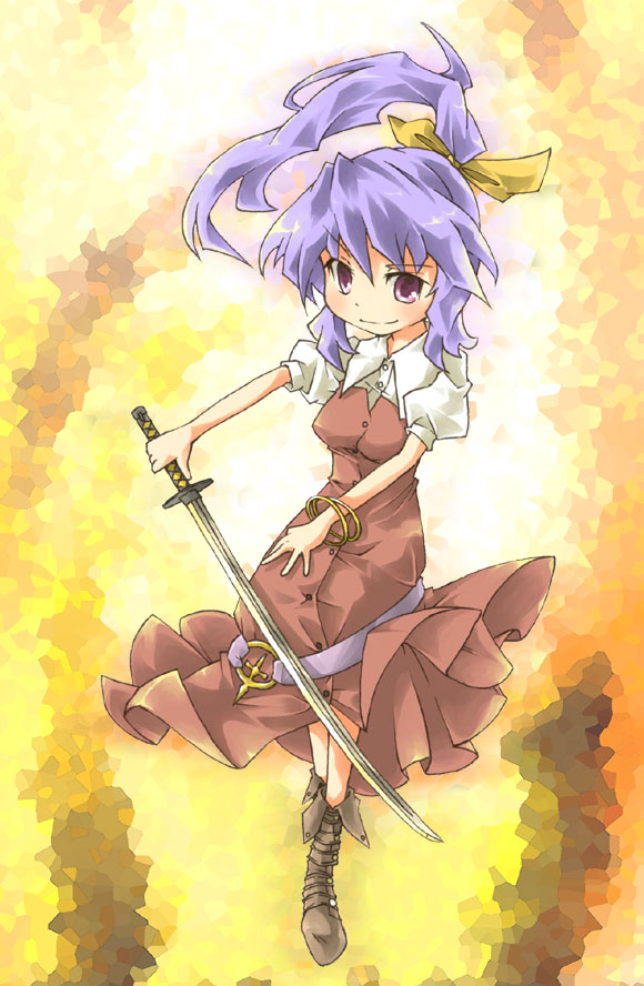 ara ta, harada (sansei rain), watatsuki no yorihime, silent sinner in blue, touhou, touhou bougetsushou, bad id, bad pixiv id, 1girl, belt, boots, bow, bracelet, female focus, hair bow, high ponytail, jewelry, katana, long hair, ponytail, purple hair, solo, sword, weapon