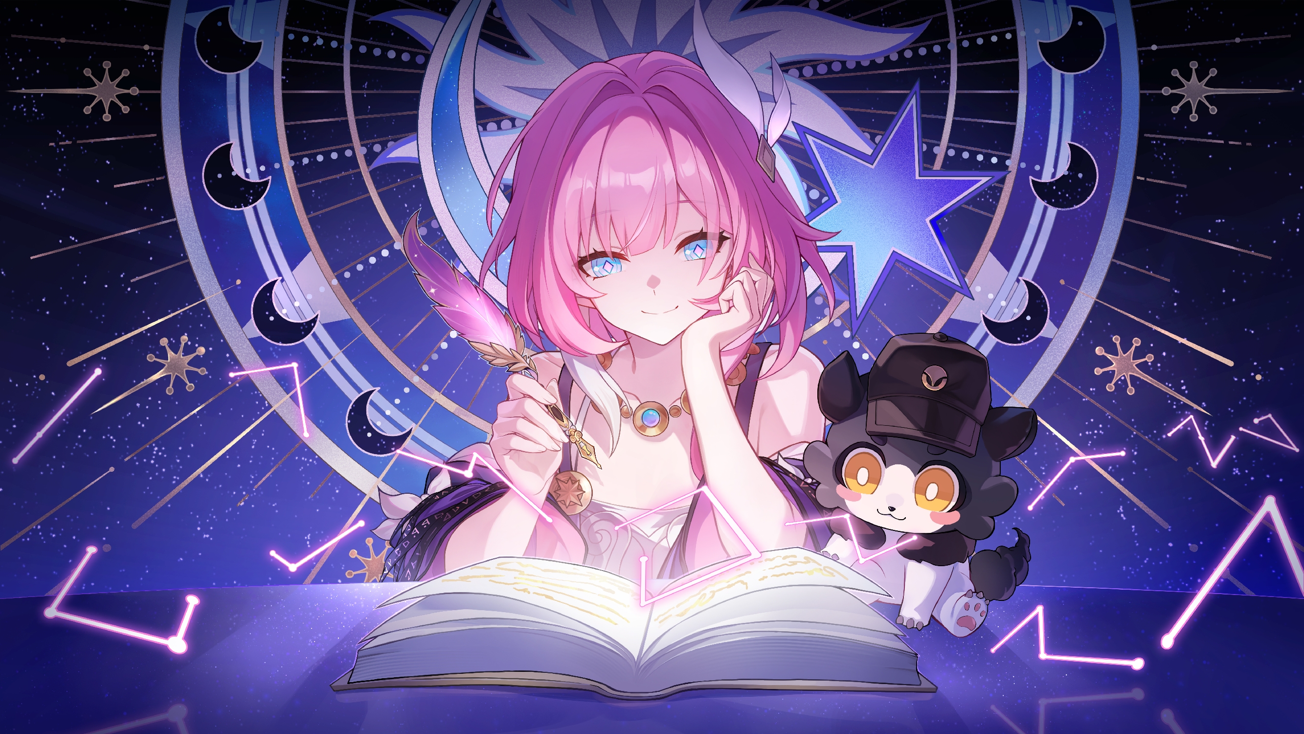 jigboom, cyrene (honkai: star rail), honkai: star rail, honkai (series), chinese commentary, commentary request, highres, official art, textless version, 1girl, bare shoulders, black hat, blue eyes, book, breasts, chimera (honkai: star rail), coat, crescent moon, cyrene (aedes elysiae) (honkai: star rail), hair ornament, hat, holding, holding quill, jewelry, moon, multicolored hair, necklace, open book, pink hair, purple coat, quill, short hair, sky, small breasts, smile, star (sky), starry sky, two-tone hair, white hair