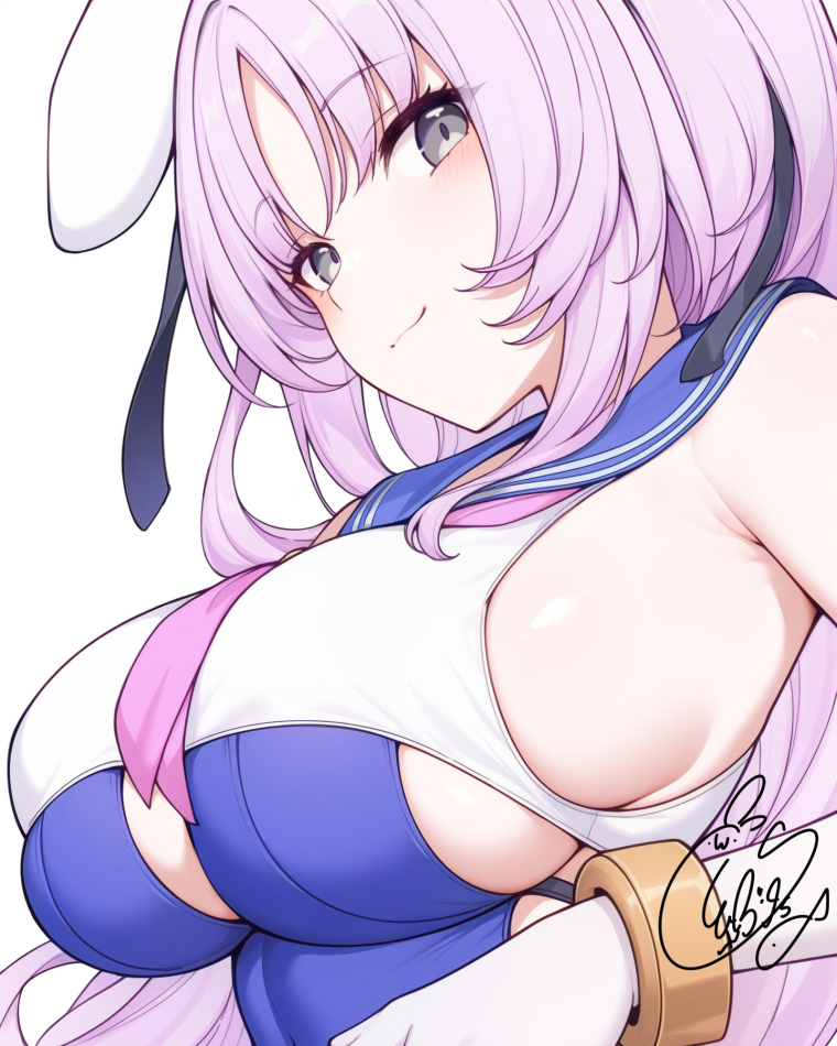 beni shake, shia (stella sora), stella sora, commentary, 1girl, bare shoulders, blue sailor collar, blush, breasts, closed mouth, grey eyes, large breasts, long hair, neckerchief, pink hair, pink neckerchief, sailor collar, sideboob, signature, simple background, smile, solo, upper body, white background