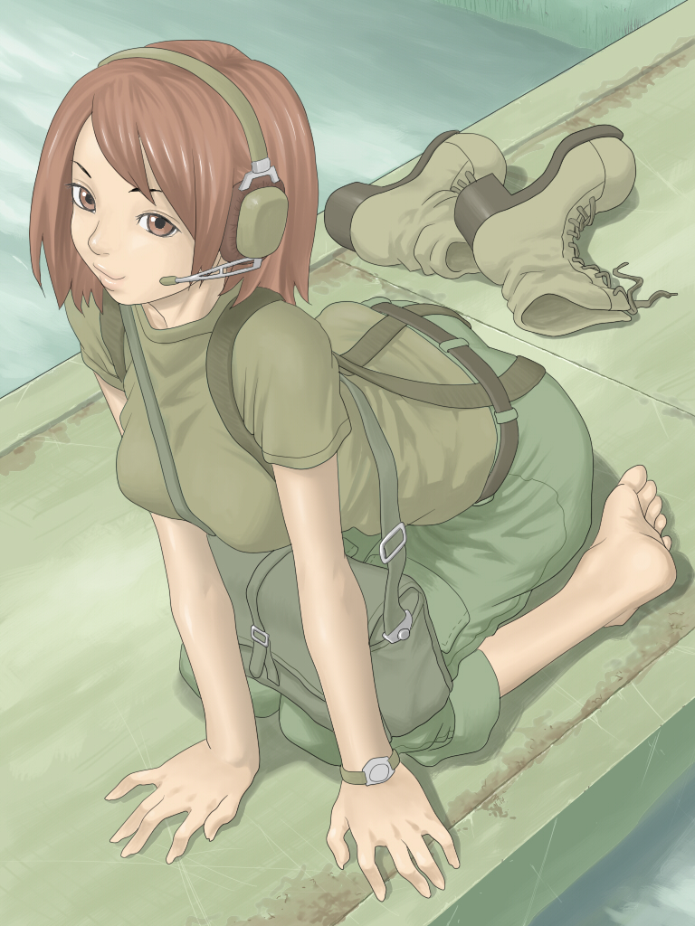 5tatsu, para-medic (mgs3), konami, metal gear (series), metal gear solid: portable ops, metal gear solid 3: snake eater, bad id, bad pixiv id, 1girl, bad anatomy, bad feet, bag, barefoot, between breasts, boots, breasts, brown eyes, brown hair, feet, female focus, headset, kneeling, smile, solo, strap between breasts, watch, wristwatch