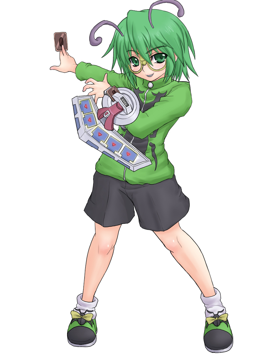 kuro suto sukii, insector haga, wriggle nightbug, touhou, yu-gi-oh!, yu-gi-oh! duel monsters, highres, 1girl, androgynous, antennae, between fingers, card, cosplay, duel disk, female focus, full body, glasses, green eyes, green hair, holding, holding card, insector haga (cosplay), matching hair/eyes, pile of cards, reverse trap, short hair, shorts, simple background, solo, standing, white background