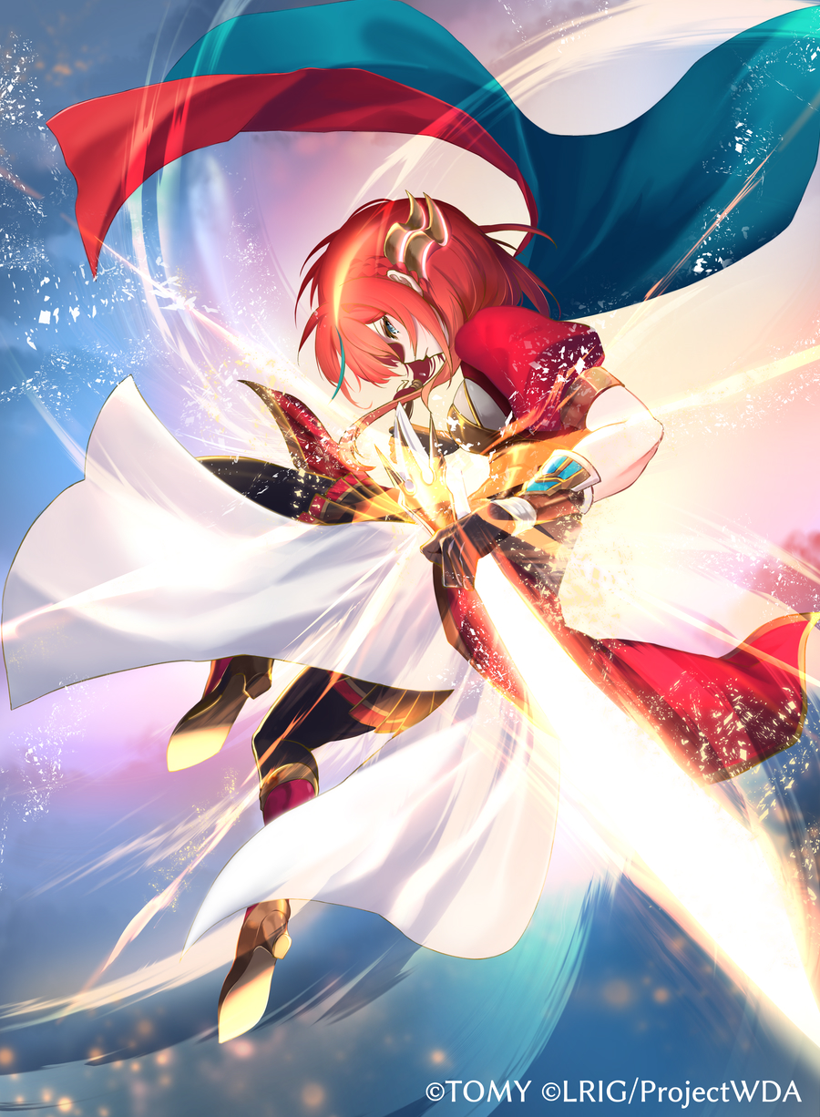dqn (dqnww), ril (wixoss), wixoss, highres, official art, 1girl, black gloves, black pants, black shoes, blue cape, blue eyes, cape, closed mouth, copyright notice, dress, gloves, holding, holding sword, holding weapon, looking at viewer, pants, red dress, red hair, red skirt, shoes, short hair, skirt, solo, sword, weapon