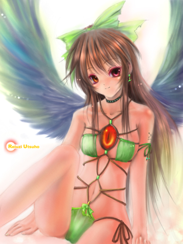 faiday, nazna, reiuji utsuho, touhou, lowres, 1girl, bdsm, bikini, black hair, bondage, bound, bow, brown hair, choker, earrings, female focus, green bikini, hair ribbon, jewelry, long hair, red eyes, ribbon, shibari, shibarikini, solo, swimsuit, wings