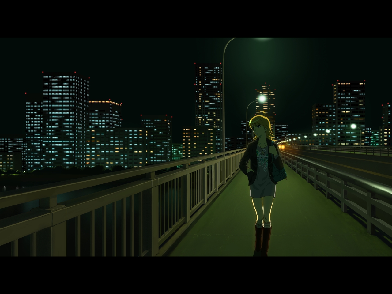 om (carbohydratism), hoshii miki, idolmaster, idolmaster (classic), bad id, bad pixiv id, 00s, 1girl, backlighting, bag, blonde hair, boots, bridge, car, city, city lights, dark, female focus, hand in pocket, lamppost, letterboxed, long hair, motor vehicle, night, o'm, railing, road, scenery, shoulder bag, skyline, solo, street, vanishing point