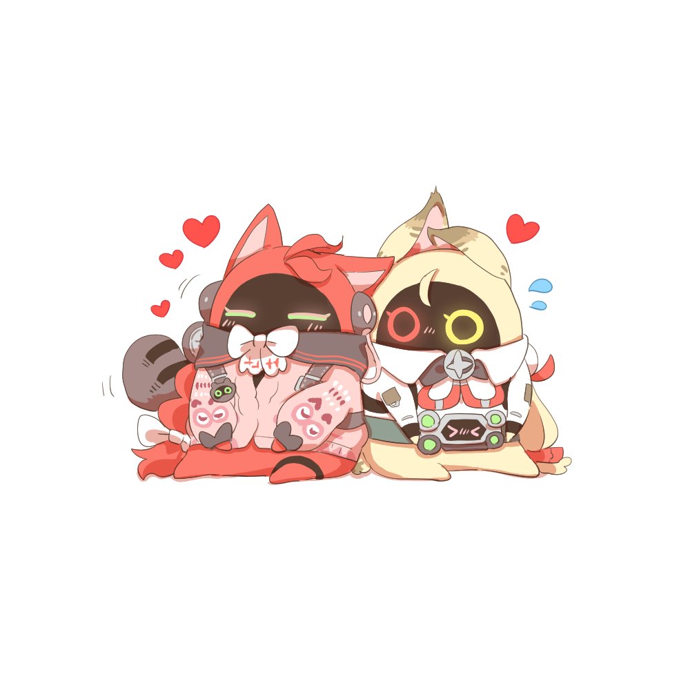 rebecca (keinelove), alice thymefield, bangboo (zenless zone zero), ukinami yuzuha, zenless zone zero, commentary request, animal ears, black sailor collar, bow, bowtie, closed eyes, collared shirt, flying sweatdrops, heart, heterochromia, long sleeves, no humans, pink sweater, rabbit ears, raccoon tail, red eyes, sailor collar, shirt, simple background, sitting, sweater, tail, white background, white bow, white bowtie, white shirt, yellow eyes