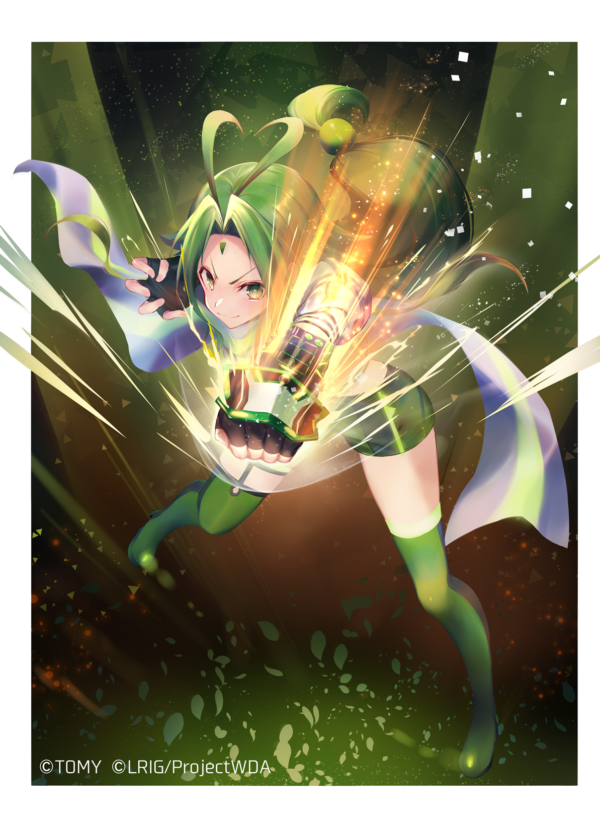 dqn (dqnww), midoriko (wixoss), wixoss, highres, official art, 1girl, antenna hair, black gloves, boots, border, closed mouth, copyright notice, fingerless gloves, gloves, green boots, green eyes, green hair, green shorts, long hair, looking at viewer, ponytail, punching, scarf, shorts, smile, solo, thigh boots, white border, white scarf