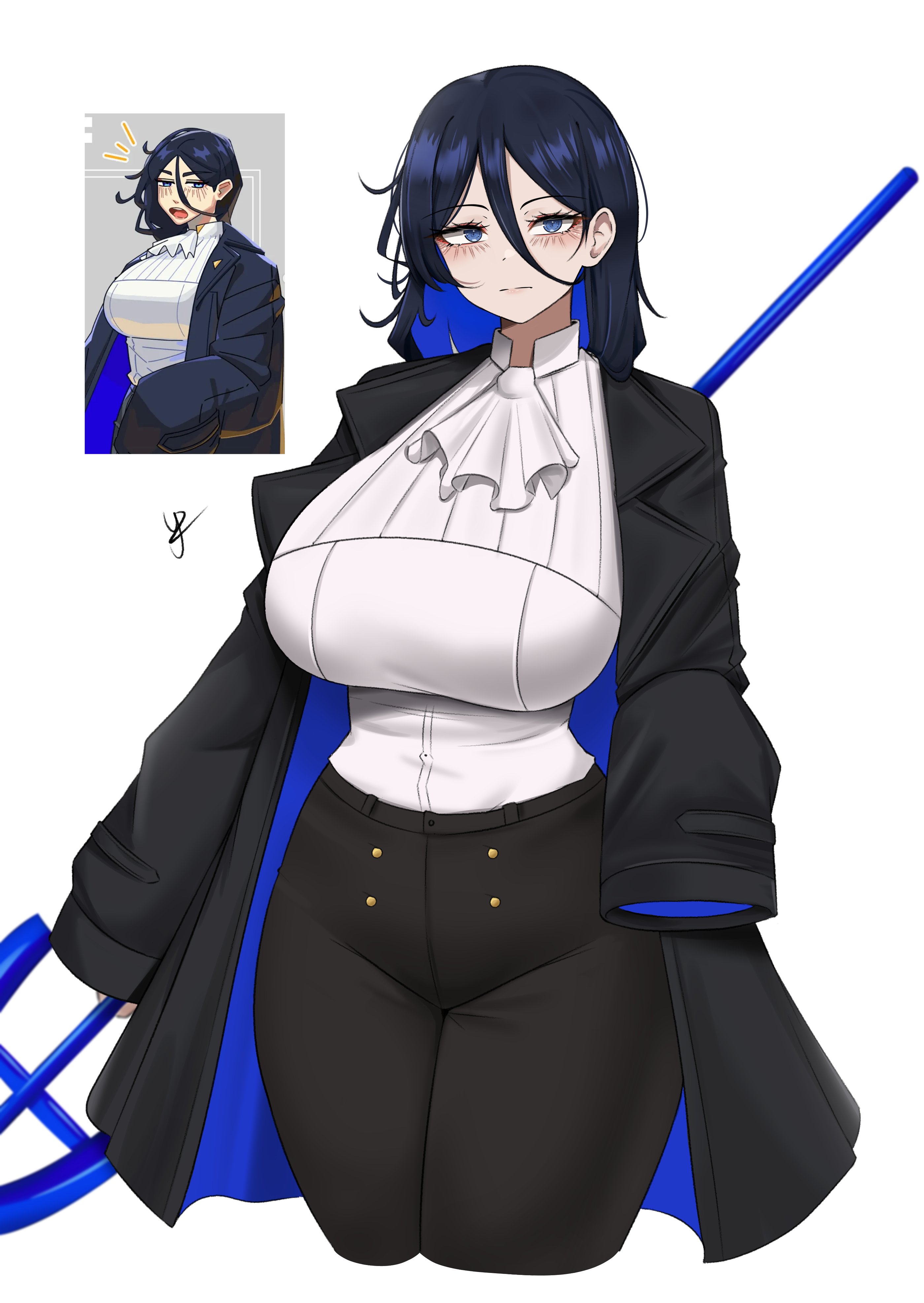 yukaraishin, original, absurdres, commentary, english commentary, highres, 1girl, ascot, black coat, black pants, blue eyes, blue hair, borrowed character, breasts, closed mouth, coat, cropped legs, double-parted bangs, hair between eyes, holding, large breasts, long sleeves, looking at viewer, open clothes, open coat, pants, reference inset, shirt, short hair, simple background, sleeves past fingers, sleeves past wrists, solo focus, white ascot, white background, white shirt