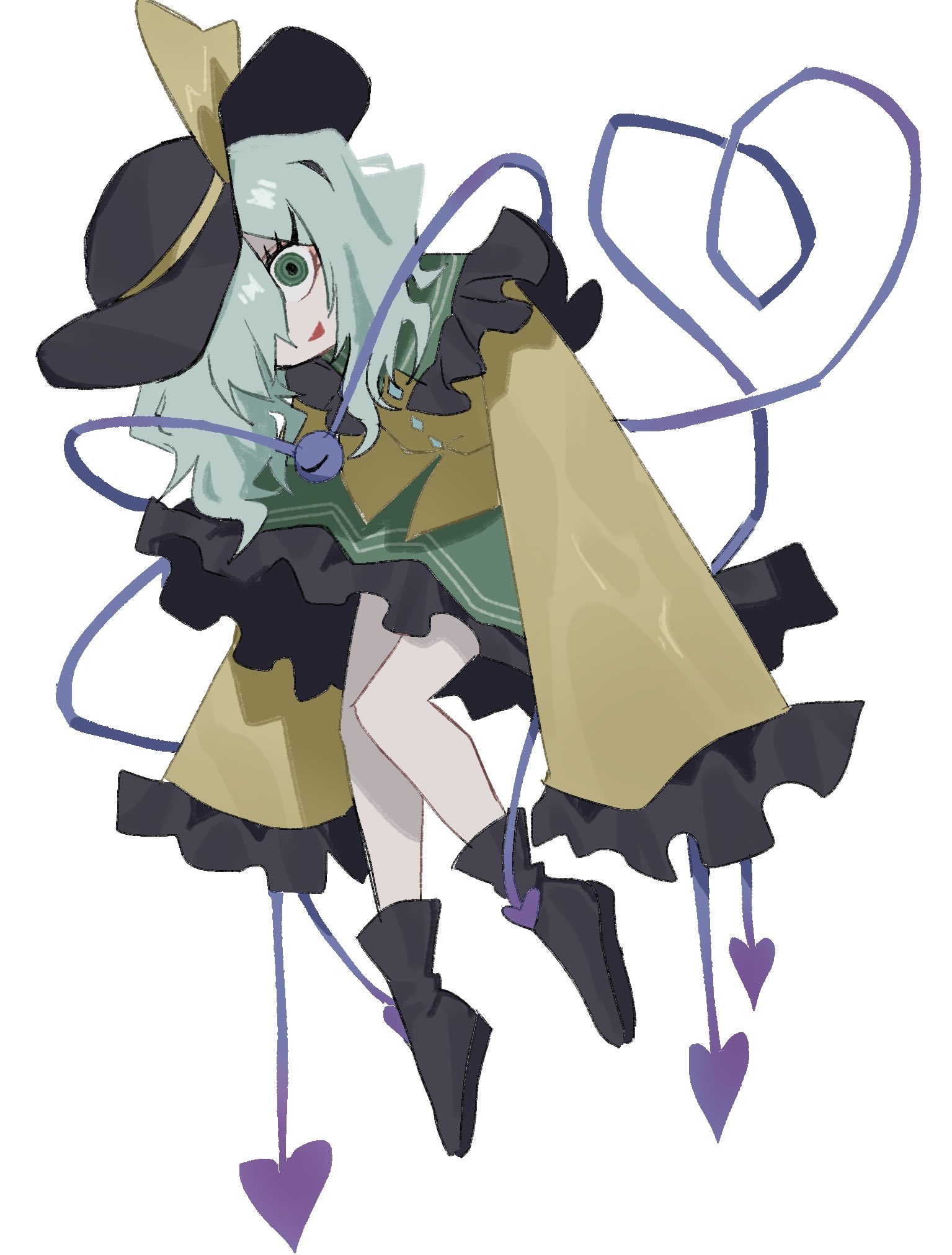 komeiji koishi, touhou, highres, 1girl, black hat, blouse, bow, buttons, diamond button, eyeball, frilled shirt collar, frilled sleeves, frills, full body, green eyes, green hair, green skirt, grey hair, hat, hat bow, hat ribbon, heart, heart of string, lwlume, open mouth, ribbon, shirt, short hair, skirt, solo, third eye, white background, yellow bow, yellow ribbon, yellow shirt