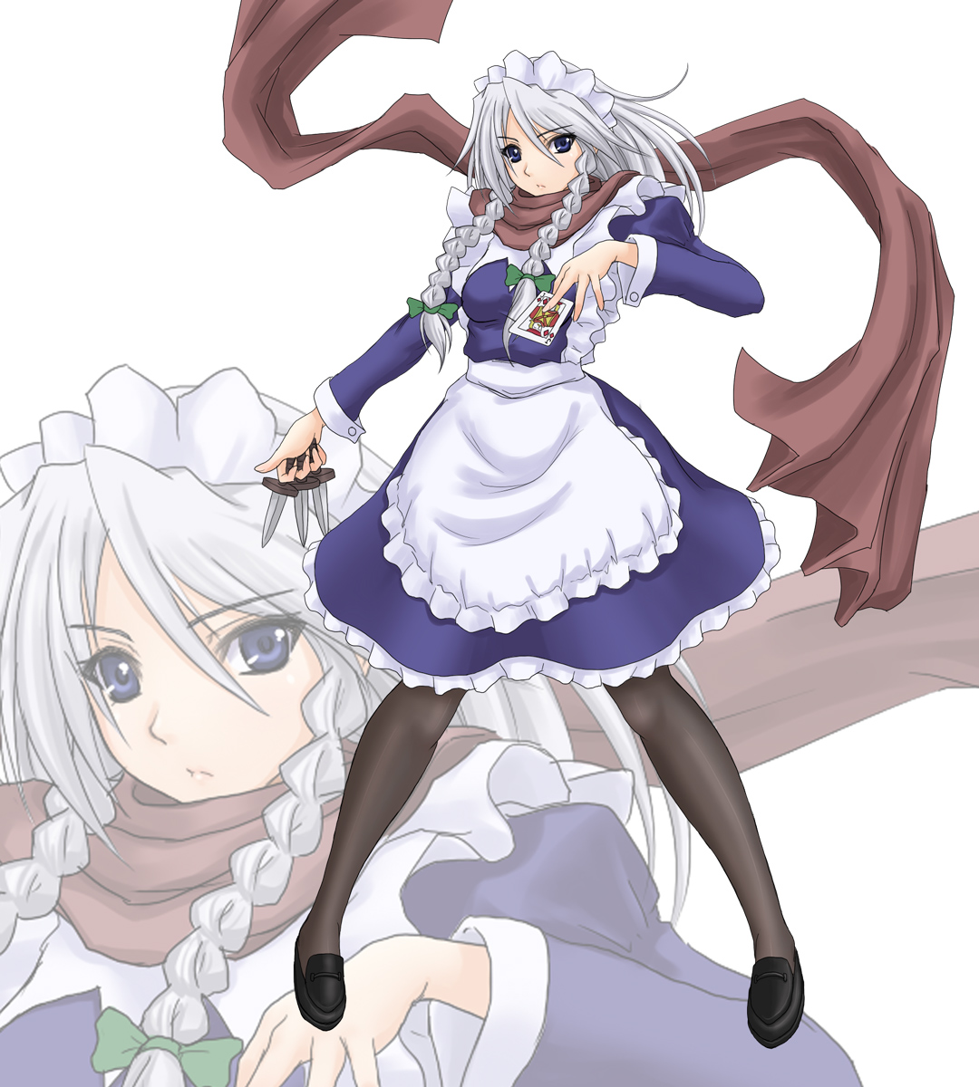 kuro suto sukii, izayoi sakuya, perfect cherry blossom, touhou, silver hair, highres, 1girl, between fingers, blue eyes, braid, card, female focus, full body, hairband, holding, holding card, jack (playing card), jack of diamonds, knife, long scarf, pantyhose, playing card, scarf, short hair, solo, standing, twin braids, zoom layer