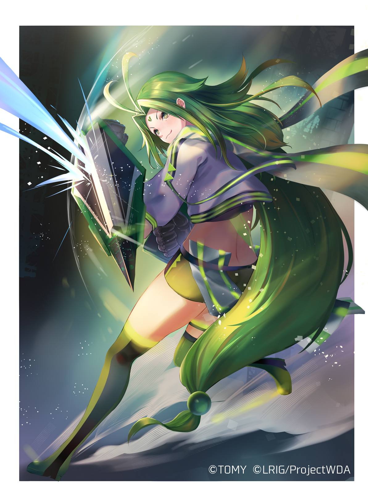 dqn (dqnww), midoriko (wixoss), wixoss, highres, official art, 1girl, antenna hair, boots, closed mouth, copyright notice, cropped jacket, green boots, green eyes, green hair, holding, holding shield, jacket, long hair, looking at viewer, ponytail, shield, solo, thigh boots, very long hair, white background, white jacket