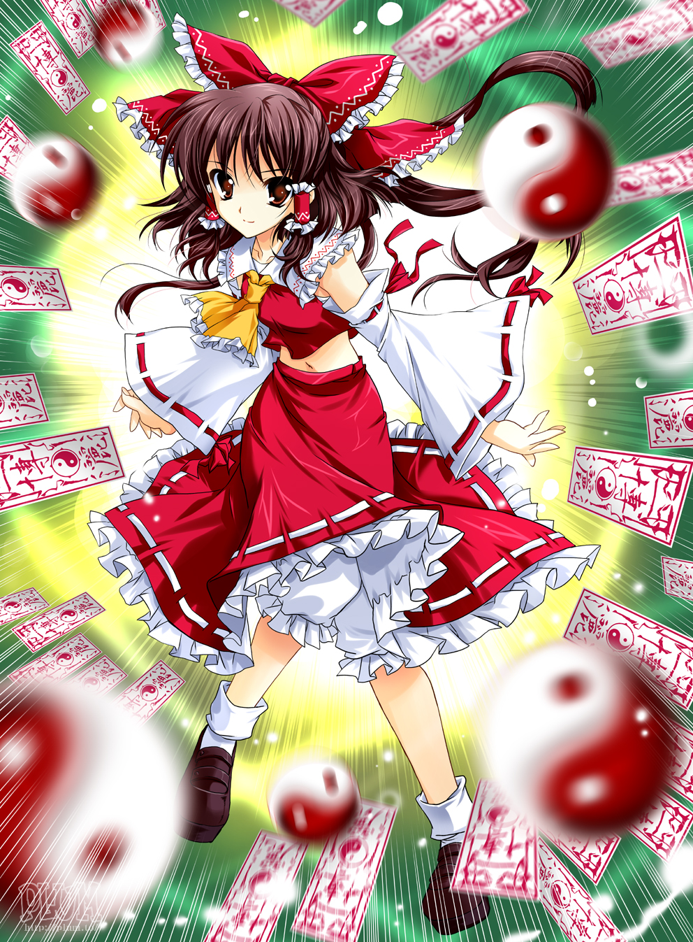 kanna (plum), hakurei reimu, touhou, bad id, bad pixiv id, highres, 1girl, brown eyes, brown hair, detached sleeves, female focus, full body, gradient background, japanese clothes, midriff, miko, navel, ofuda, skirt, smile, solo, underwear, yin yang