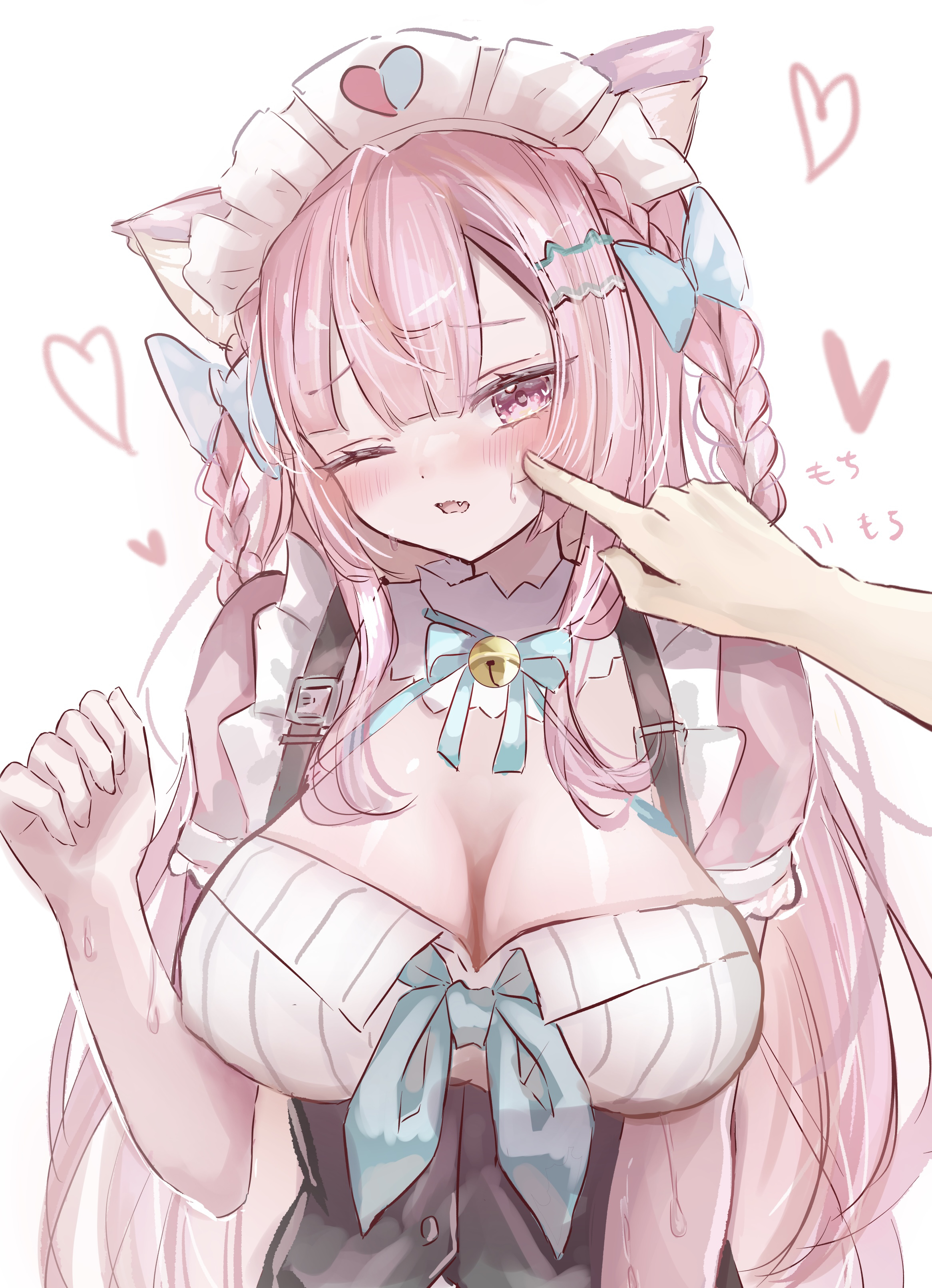 teruteruteru190, yuuki sakuna, indie virtual youtuber, absurdres, commentary, highres, symbol-only commentary, 1girl, animal ears, bell, blue bow, blue ribbon, blush, bow, braid, breasts, cat ears, cat girl, cat hair ornament, cheek poking, cleavage, dress, fangs, hair bow, hair ornament, hairclip, heart, heart print, jingle bell, large breasts, long hair, maid, maid headdress, neck bell, neck ribbon, one eye closed, open mouth, pink dress, pink eyes, pink hair, poking, ribbon, short sleeves, simple background, solo focus, suspenders, two side up, underbust, virtual youtuber, white background, white dress, yuuki sakuna (3rd costume)