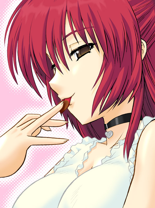 kousaka tamaki, to heart (series), to heart 2, tagme, 00s, breasts, brown eyes, chocolate, choker, cleavage, red hair, solo
