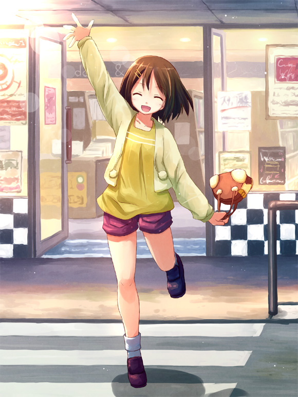 yakka, hirasawa yui, k-on!, 00s, 1girl, bag, brown hair, casual, closed eyes, female focus, full body, hair ornament, hairclip, handbag, open mouth, outdoors, solo