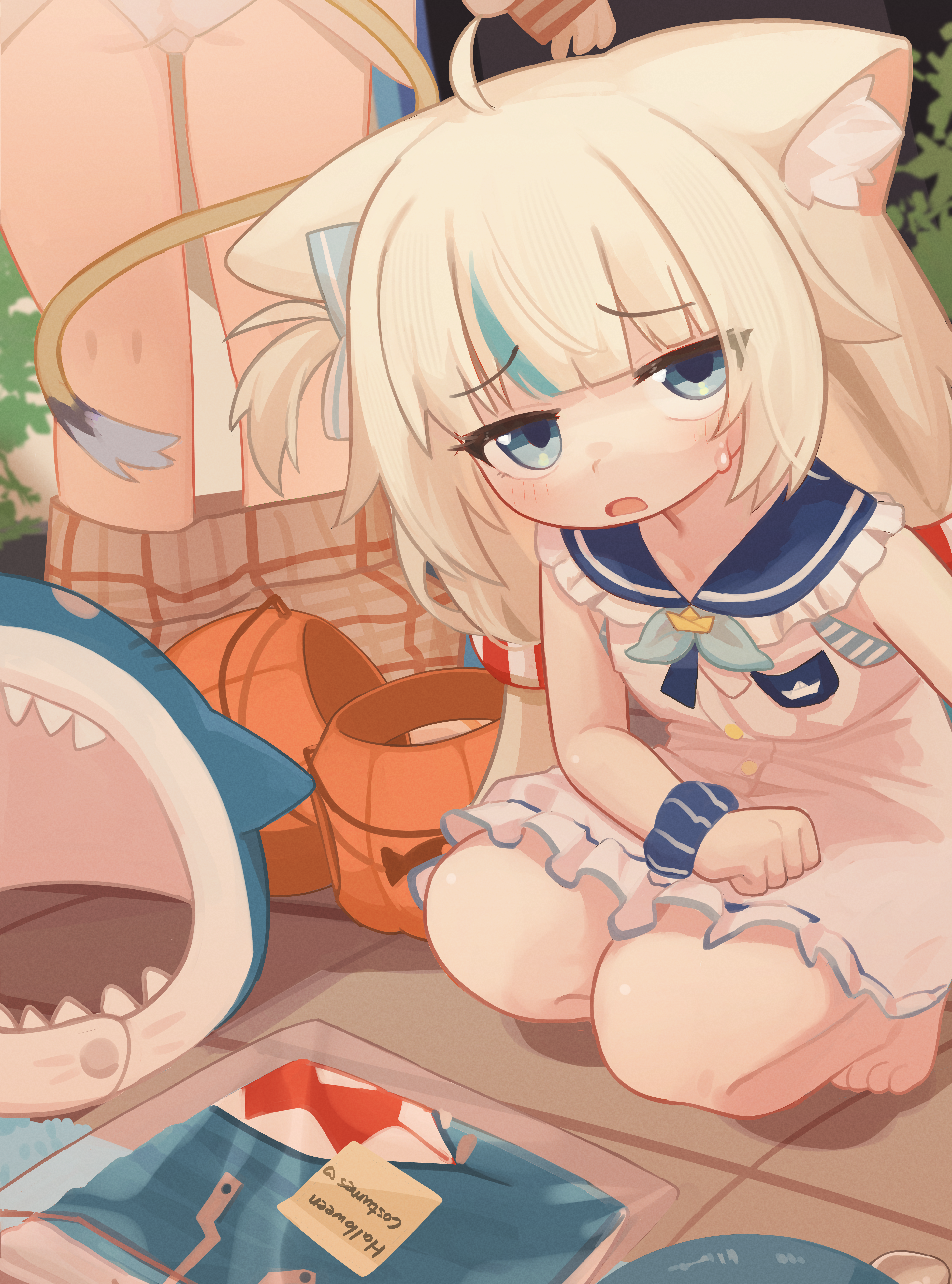 nanachides, dooby, gawr gura, sameko saba, watson amelia, hololive, hololive english, indie virtual youtuber, absurdres, commentary, english commentary, highres, 2girls, ahoge, animal ear fluff, animal ears, barefoot, blue eyes, blue hair, blue sailor collar, blue scrunchie, cat ears, cosplay, dress, frilled sailor collar, frills, looking at viewer, low twintails, multicolored hair, multiple girls, one side up, open mouth, panties, sailor collar, sailor dress, scrunchie, squatting, streaked hair, tail, toes, twintails, two-tone hair, underwear, voice actor connection, watson amelia (cosplay), white dress, white hair, white panties, wrist scrunchie