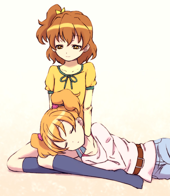 saiko dagashi, momozono love, yamabuki inori, fresh precure!, precure, bad id, bad pixiv id, 00s, brown eyes, brown hair, closed eyes, lap pillow, orange hair, red hair, sleeping