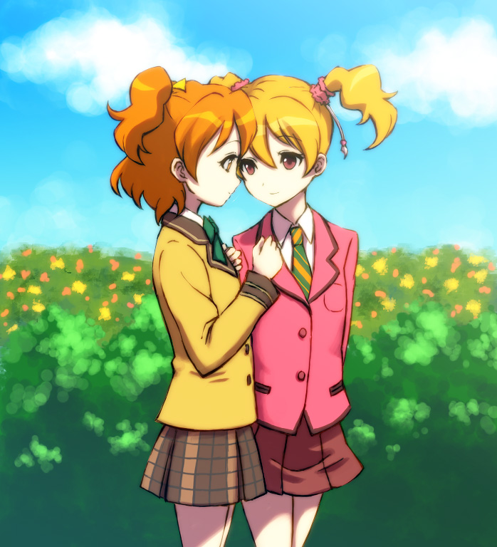 saiko dagashi, momozono love, yamabuki inori, fresh precure!, precure, bad id, bad pixiv id, 00s, 2girls, blonde hair, cloud, day, flower, multiple girls, necktie, orange hair, red eyes, red hair, school uniform, skirt, sky, yellow eyes