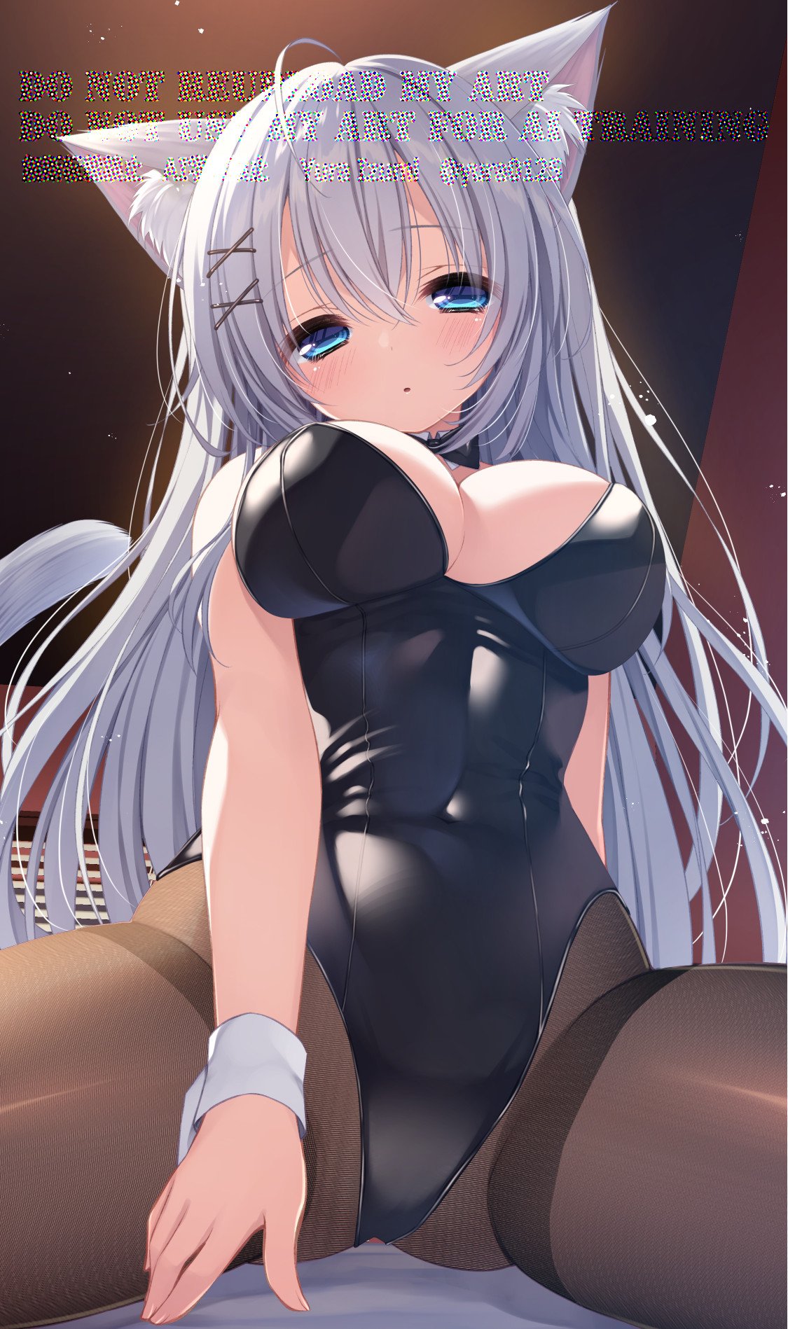 izumi yura, original, commission, highres, skeb commission, 1girl, ahoge, animal ear fluff, animal ears, arm behind back, black leotard, black pantyhose, blue eyes, breasts, cat ears, cat girl, cat tail, cleavage, covered navel, gluteal fold, hair ornament, hairclip, highleg, highleg leotard, leotard, long hair, looking at viewer, pantyhose, playboy bunny, sitting, solo, spread legs, strapless, strapless leotard, tail, thighband pantyhose, thighs, very long hair, white hair, wrist cuffs