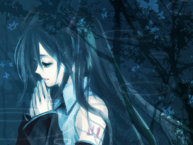 suzunosuke (sagula), hatsune miku, vocaloid, bad id, bad pixiv id, aqua eyes, bug, butterfly, detached sleeves, insect, solo, twintails